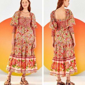 Farm Rio PINK MACAW FLIGHT SMOCKED TOP MAXI DRESS